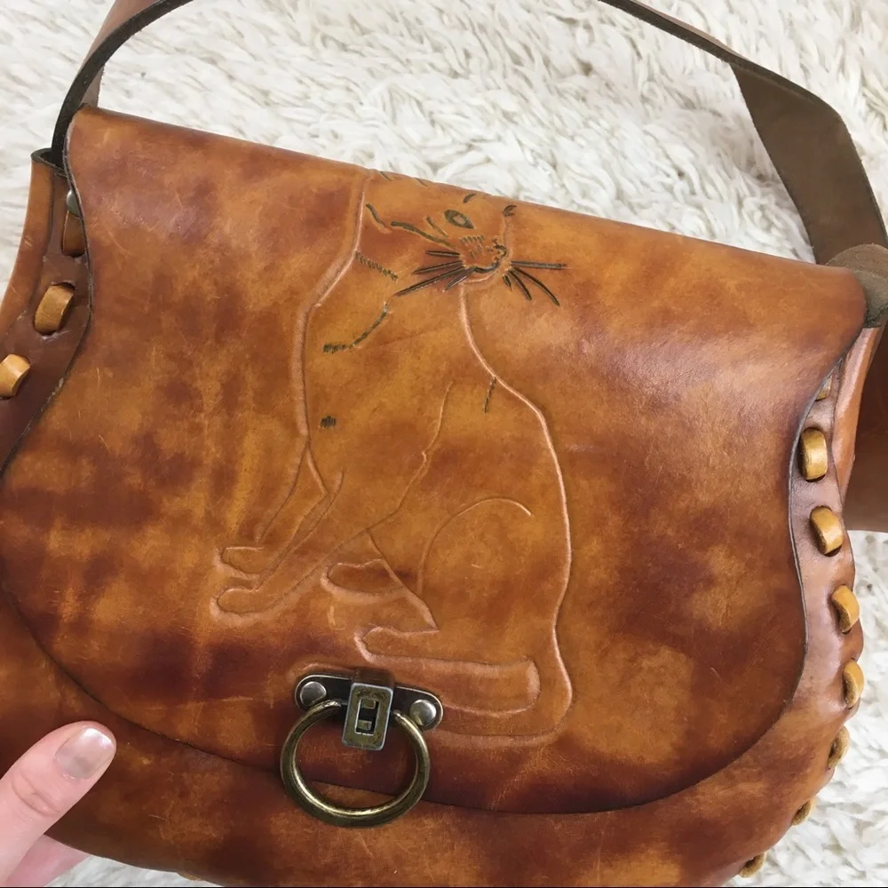 Brown Leather Crossbody Bag with Cat Embossing